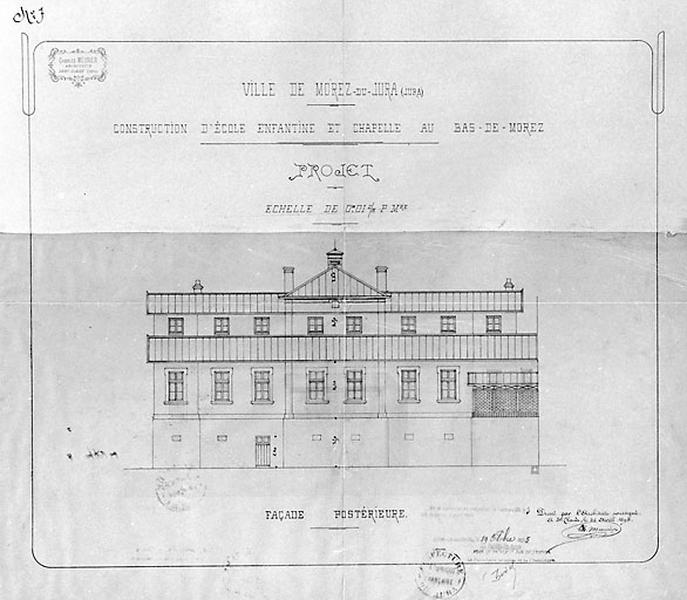 Construction d'école enfantine et chapelle au Bas-de-Morez. Projet. Façade postérieure, 1894.