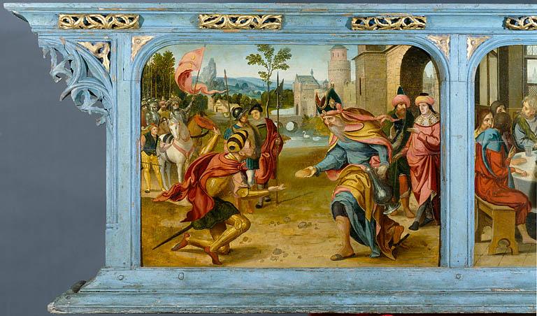 Panneau gauche de la prédelle : la rencontre d'Abraham et de Mélchisedech (après restauration).