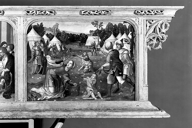 Panneau gauche de la prédelle : les Hébreux recueillant la manne dans le désert (après restauration).