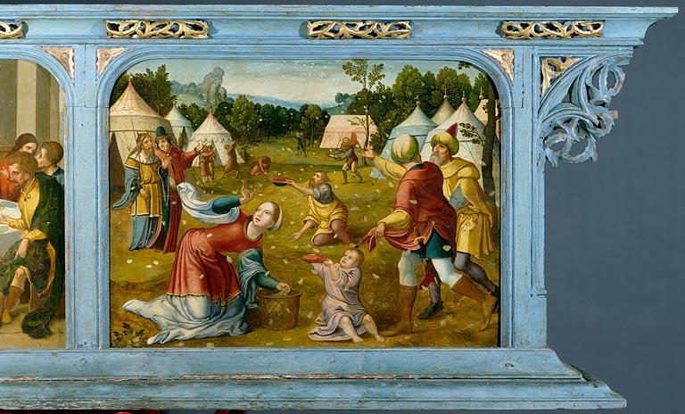 Panneau gauche de la prédelle : les Hébreux recueillant la manne dans le désert (après restauration).