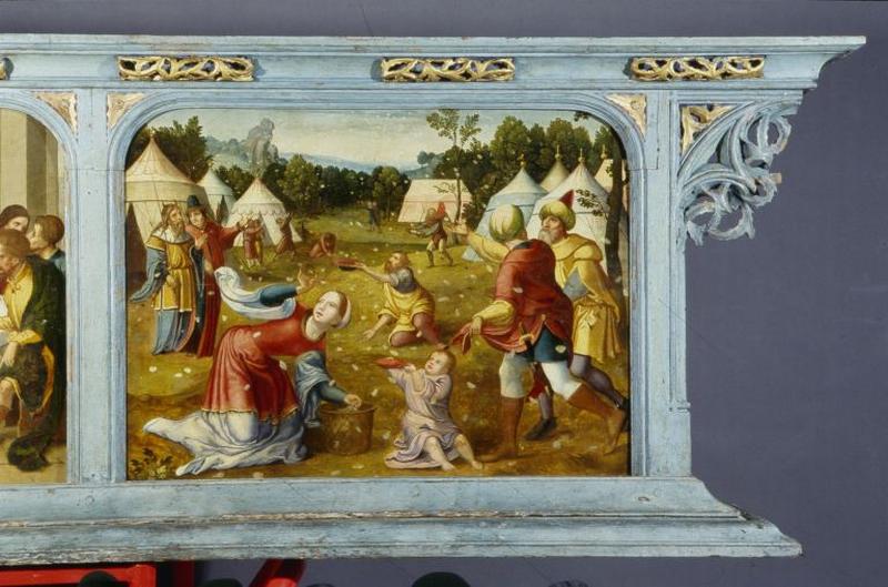 Panneau gauche de la prédelle : les Hébreux recueillant la manne dans le désert (après restauration).