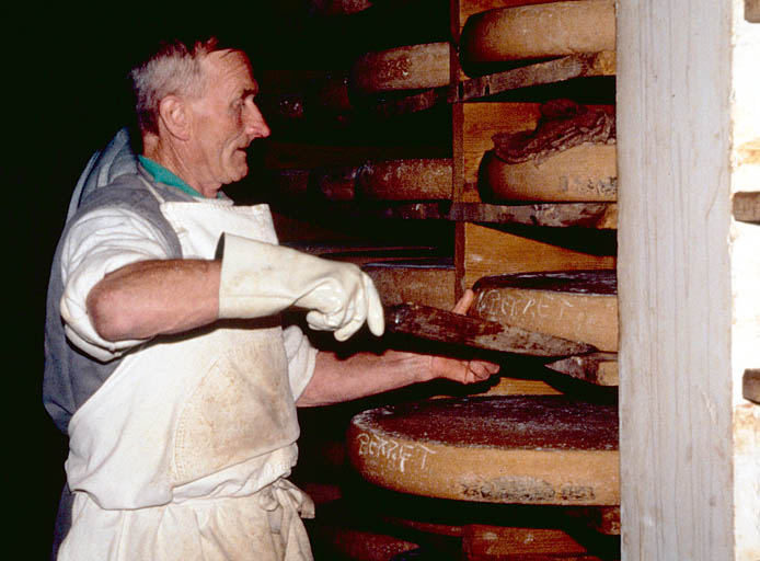 Salage et retournement manuel des meules de comté.