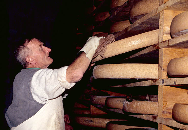 Salage et retournement manuel des meules de comté.