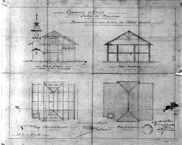 Commune d'Etival [...] Reconstruction de la toiture du châlet incendié [plans, coupe et élévation].