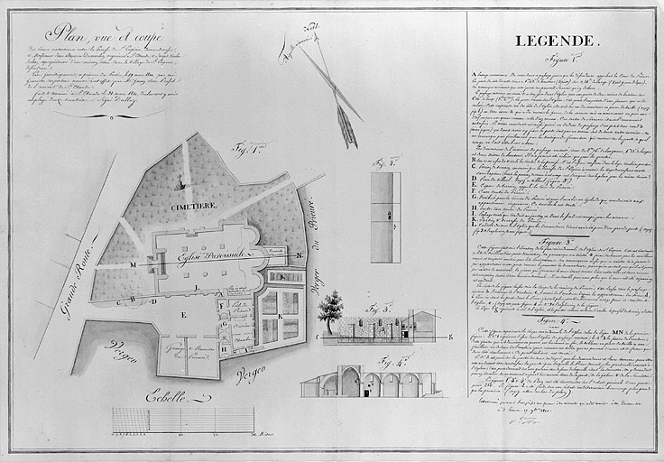 Plan d'ensemble, élévation extérieure et coupe longitudinale de l'église.