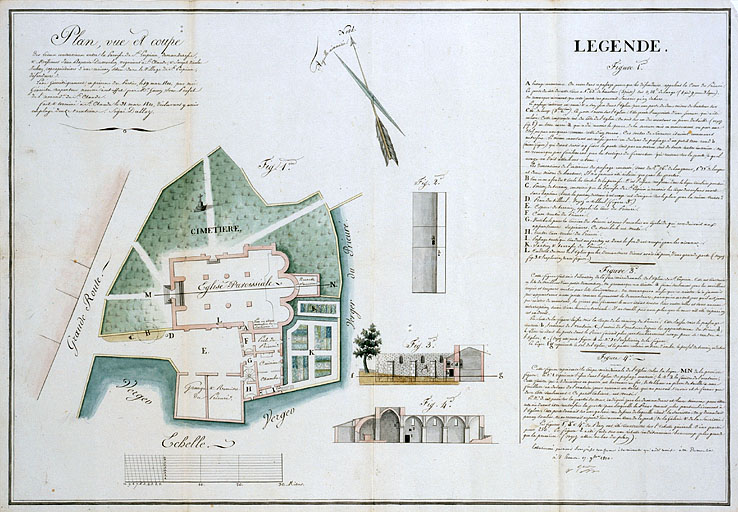 Plan d'ensemble, élévation extérieure et coupe longitudinale de l'église.