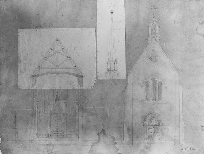 [Projets (?) pour la chapelle de Baudin : élévation du pignon ouest et de la flèche, coupe transversale du choeur], s.d. [vers 1853].