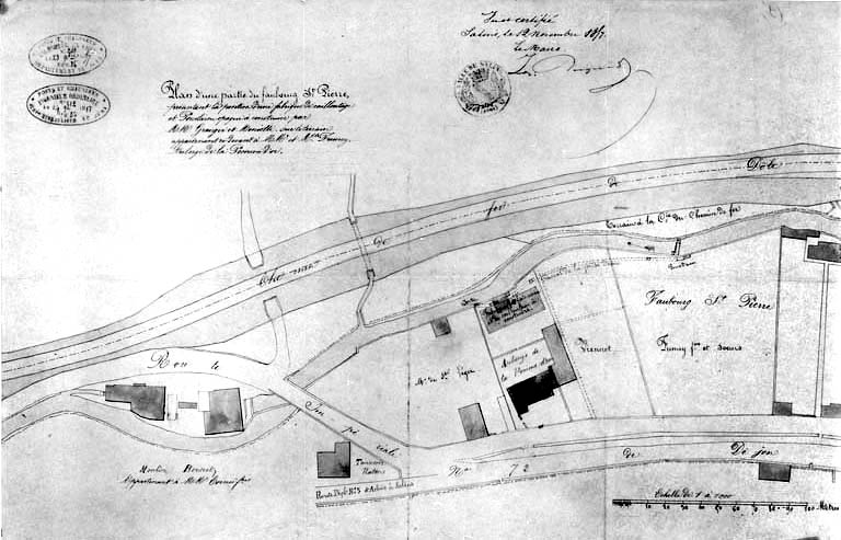Plan d'une partie du faubourg Saint-Pierre présentant la position d'une fabrique de cailloutage et porcelaine opaque à construire par MMr Granger et Monniotte [...].