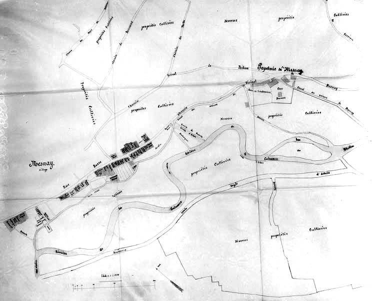 Plan des territoires de Mesnay et d'Arbois sur un rayon de 500 m de la papeterie de Mesnay.