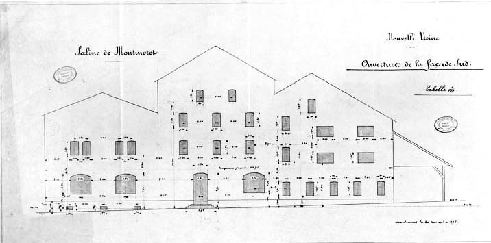 Saline de Montmorot. Nouvelle usine. Ouvertures de la façade sud.