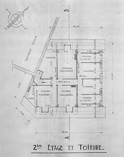 Plan du 2ème étage et de la toiture avant l'incendie de 1944.