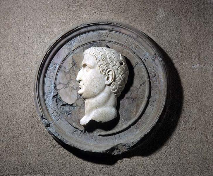 Décor de 6 bas-reliefs, galerie du premier étage : tête de l'empereur Titus dans un médaillon.