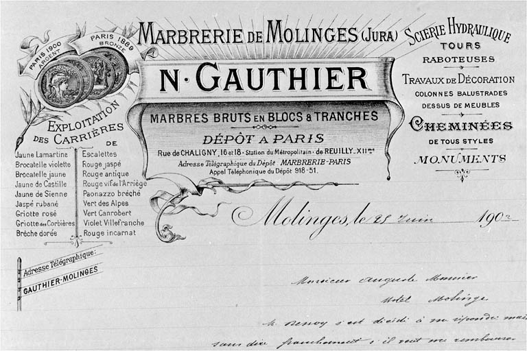 Papier à en-tête de la Marbrerie de Molinges.