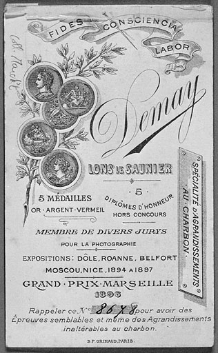 Verso du portrait de Nicolas Gauthier : en-tête du photographe L. Demay.