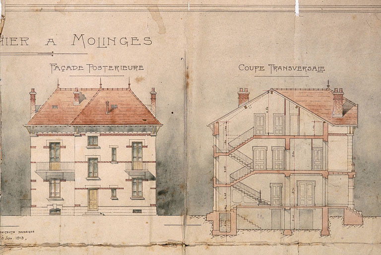 Villa L.N. Gauthier à Molinges [détails : façade postérieure et coupe].