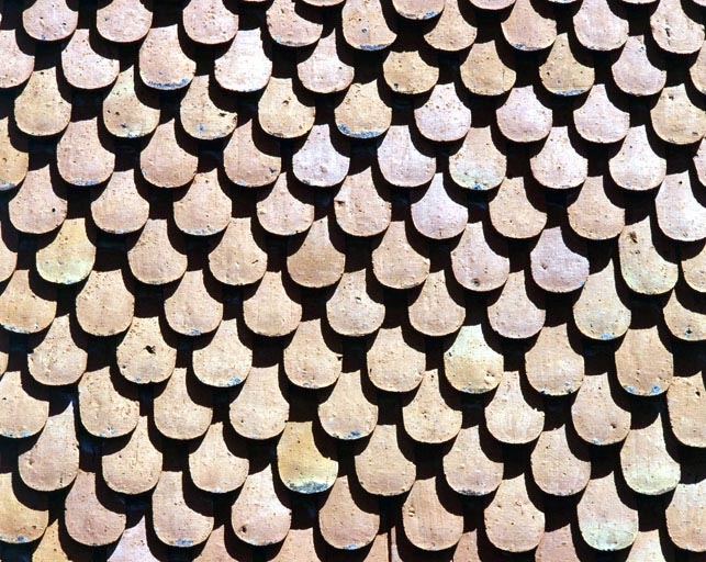 Essentage de tuiles écaille protégeant un mur (ferme aux Près de Valfin, à Saint-Claude).