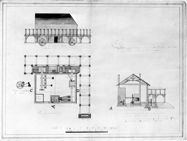 Plan des coupes et élévation de la forge de Mr Pierre Xavier Girod [...].