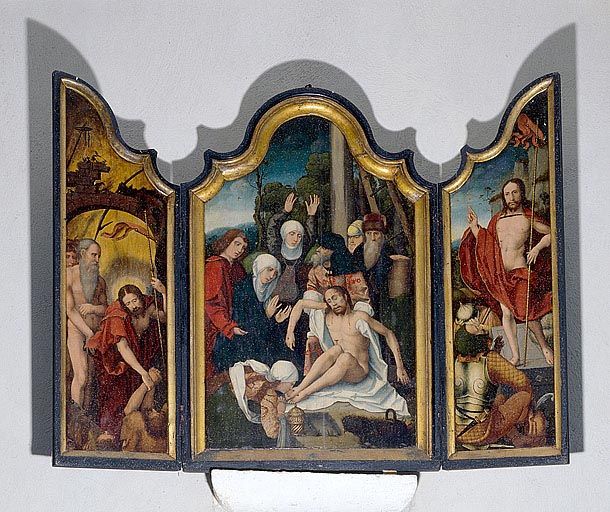 Triptyque : la Descente de croix, la Descente aux limbes, la Résurrection (Chaumergy, église paroissiale de la Nativité de la Vierge).