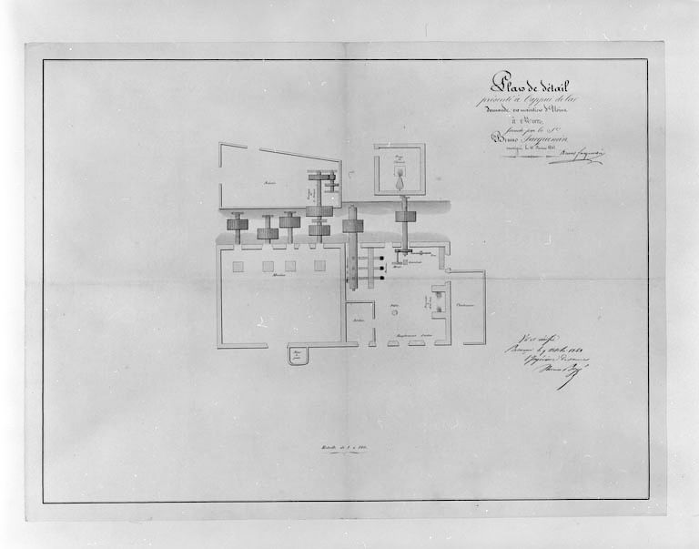 Plan de détail présenté à l'appui de la demande en maintien d'usine à Morez formée par le Sr Bruno Jacquemin. Dessin, 1841. Echelle 1:100.