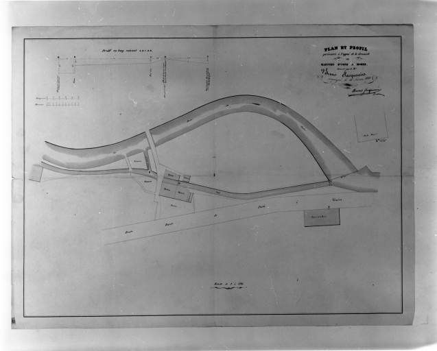 Plan et profil présentés à l'appui de la demande en maintien d'usine à Morez formée par le Sr Bruno Jacquemin. Dessin, 1841. Echelle 1:500.