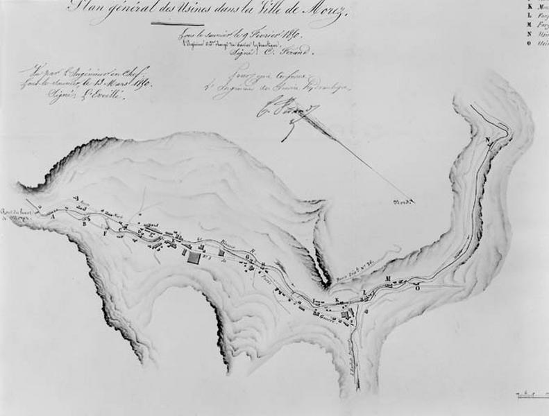 Rivière de Bienne. Plan général des Usines dans la Ville de Morez [détail], 1850.