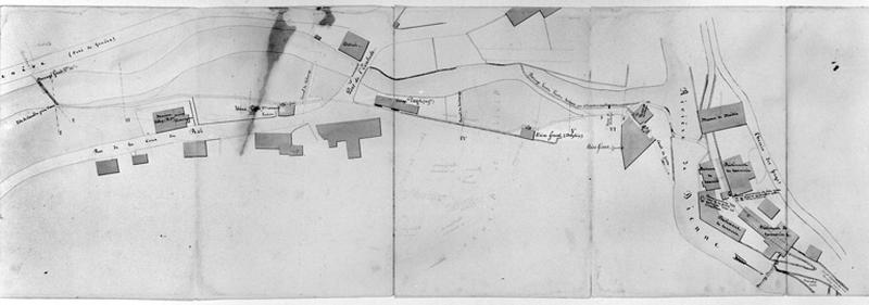 Règlement de l'usine Gruet Faustin. Plan [usines du bas de Morez : rues Voltaire, des Essards et des Forges], 1859.
