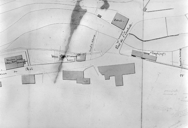 Règlement de l'usine Gruet Faustin. Plan [détail de la partie gauche : usines rues Voltaire et des Essards], 1859.