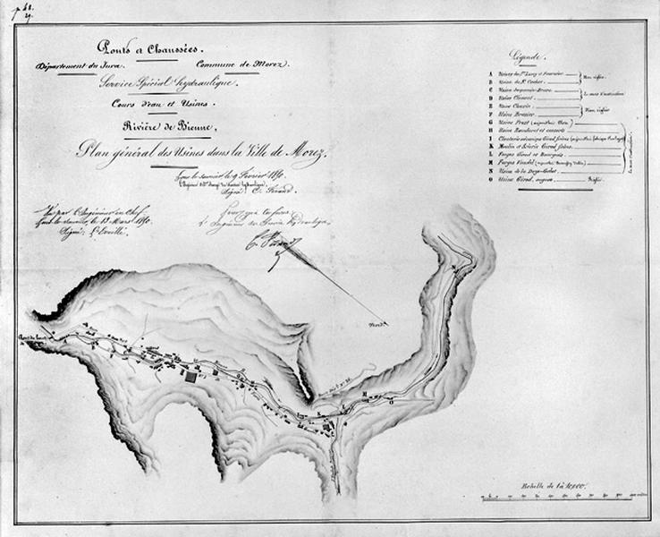 Rivière de Bienne. Plan général des Usines dans la Ville de Morez, 1850.