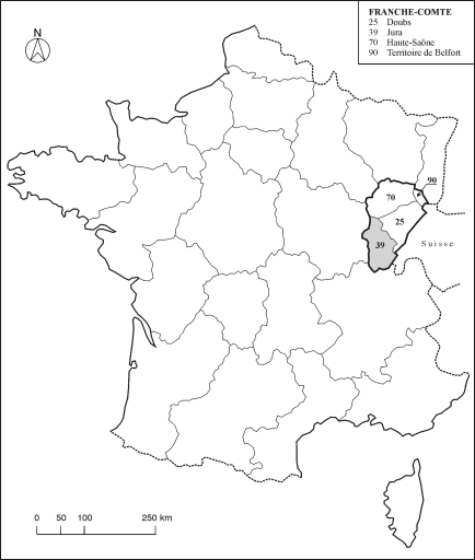 Carte de localisation du département du Jura dans la région et dans le pays.