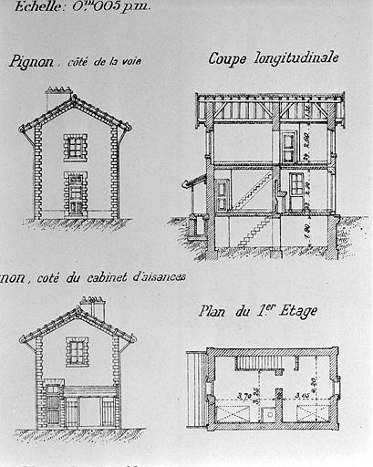 Plan du 1er étage, Coupe longitudinale [et élévation des pignons], [1919].