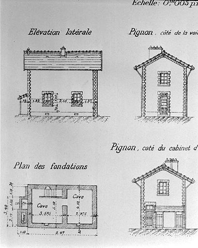 Plan des fondations, Elévation latérale [et élévation des pignons], [1919].