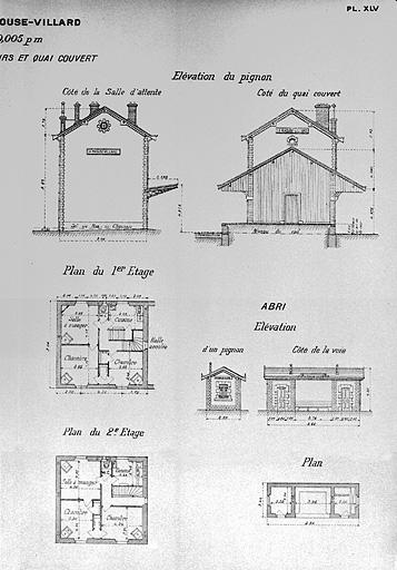 Bâtiment des voyageurs [... Détail partie droite : plan des étages et élévation des murs pignons du bâtiment des voyageurs, plan et élévations de l'abri], [1919].