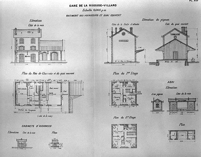 Gare de La Rixouse - Villard. Bâtiment des voyageurs et quai couvert, Cabinets d'aisance [et] Abri, [1919].