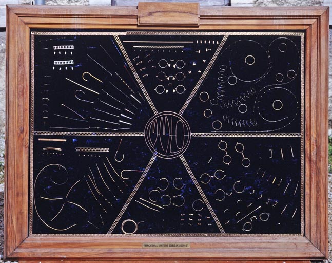 Tableau d'exposition réalisé avec des composants de lunettes pour la Manufacture mécanique de Lunetterie et d'Optique, à Morez.