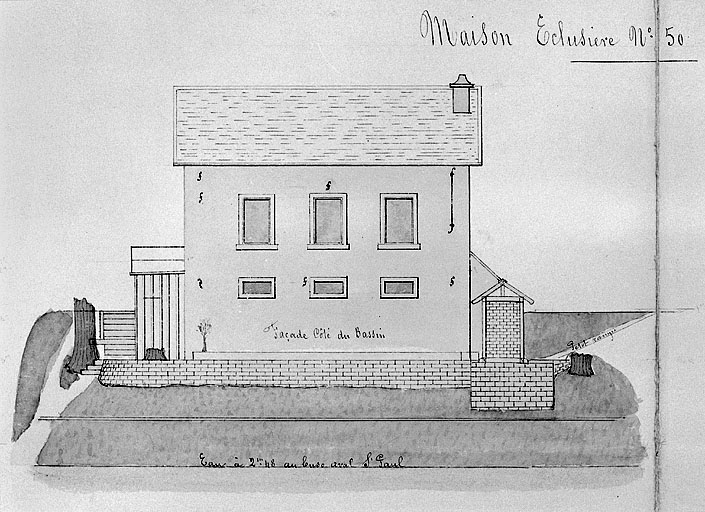 Maison éclusière n° 50 à St Paul - 1880 [détail : ] Façade côté du bassin.