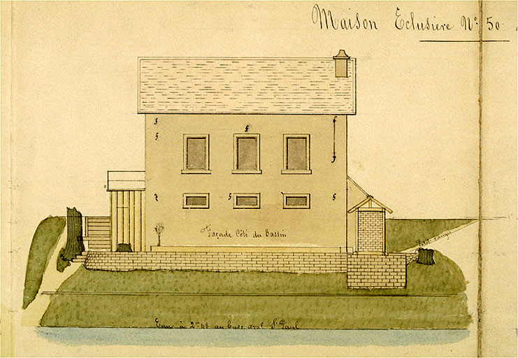 Maison éclusière n° 50 à St Paul - 1880 [détail : ] Façade côté du bassin.