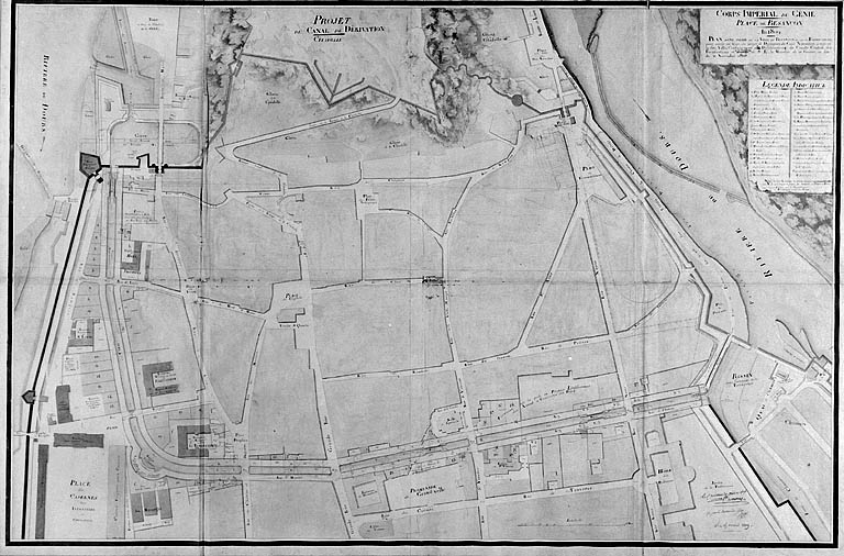 Plan d'une partie de la cité de Besançon et de ses fortifications, pour servir au projet du tracé de dérivation du canal Napoléon à travers ladite ville, 1809.