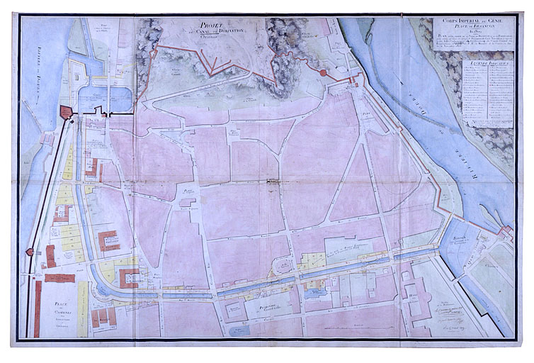 Plan d'une partie de la cité de Besançon et de ses fortifications, pour servir au projet du tracé de dérivation du canal Napoléon à travers ladite ville, 1809.