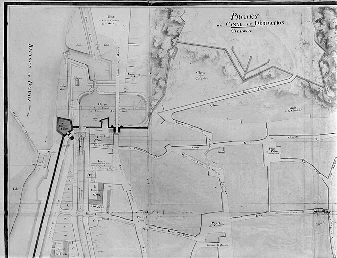 Plan d'une partie de la cité de Besançon et de ses fortifications [... Détail : quart haut gauche du plan], 1809.