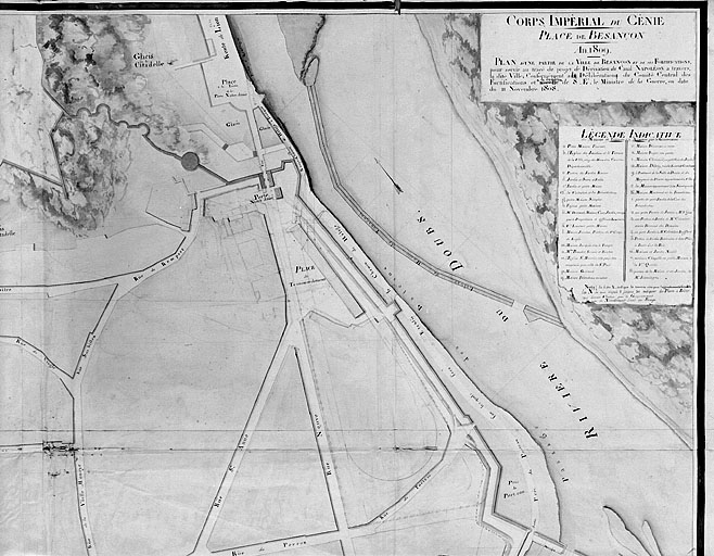 Plan d'une partie de la cité de Besançon et de ses fortifications [... Détail : quart haut droite du plan], 1809.