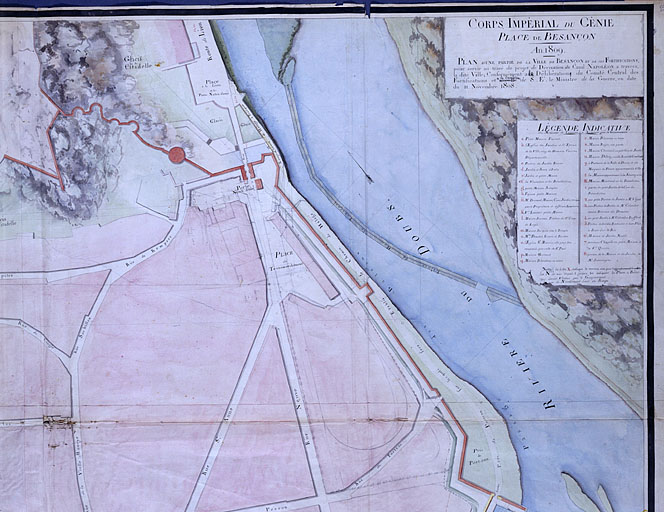 Plan d'une partie de la cité de Besançon et de ses fortifications [... Détail : quart haut droite du plan], 1809.