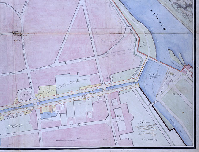 Plan d'une partie de la cité de Besançon et de ses fortifications [... Détail : quart bas droite du plan], 1809.