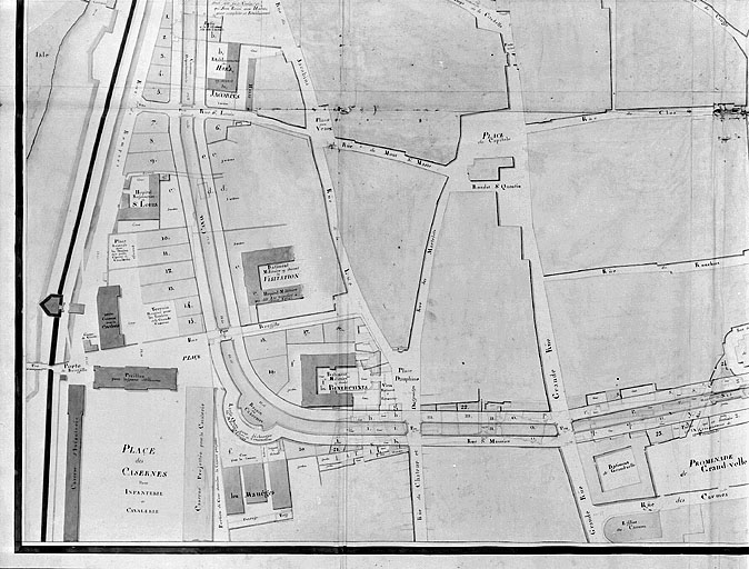 Plan d'une partie de la cité de Besançon et de ses fortifications [... Détail : quart bas gauche du plan], 1809.