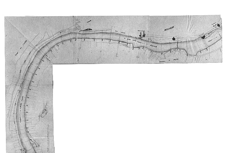 Avant-projet d'amélioration du canal. Plan du bief n° 49 du sud [détail : des environs de la Malate au moulin Saint-Paul], 1847.