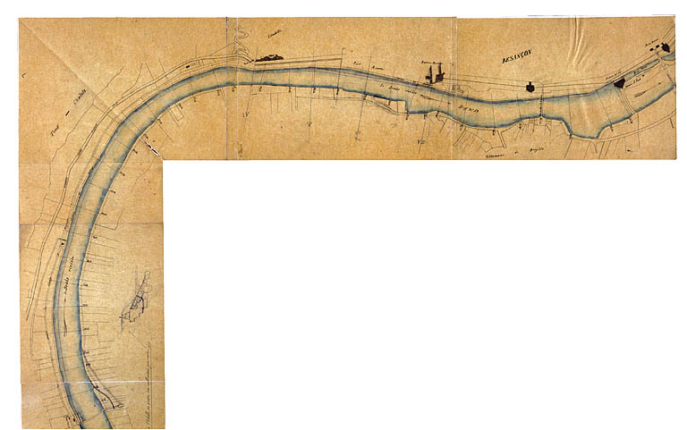 Avant-projet d'amélioration du canal. Plan du bief n° 49 du sud [détail : des environs de la Malate au moulin Saint-Paul], 1847.