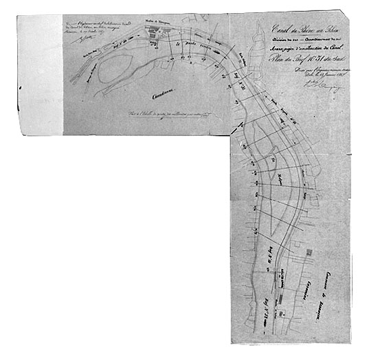 Avant-projet d'amélioration du canal. Plan du bief n° 51 du sud [du moulin de Tarragnoz à Velotte], 1847.