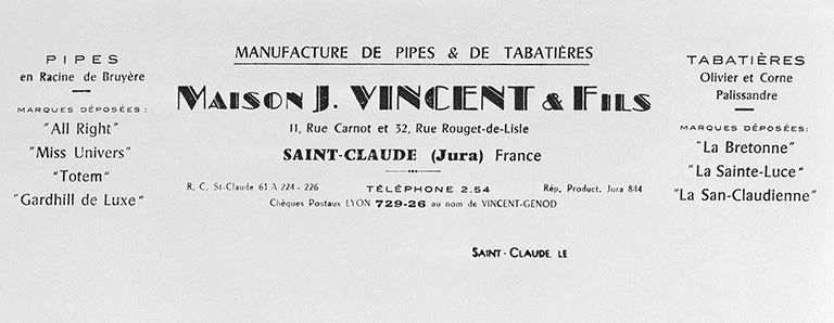 Manufacture de pipes et de tabatières Maison J. Vincent et Fils.