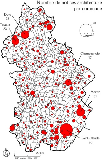 Nombre de notices architecture [réalisées dans le cadre du Repérage du patrimoine industriel] par commune. Fonds de carte : BD carto IGN 1991.