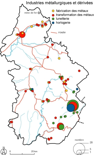 Industries métallurgiques et dérivées. Fonds de carte : BD carto IGN 1991.