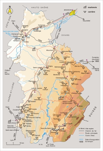 Carte de localisation des carrières exploitées et des marbreries.